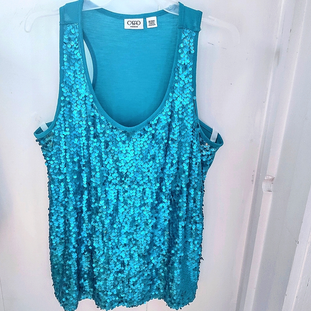 Turquoise Sequins Sleeveless Statement Tank Top CATO